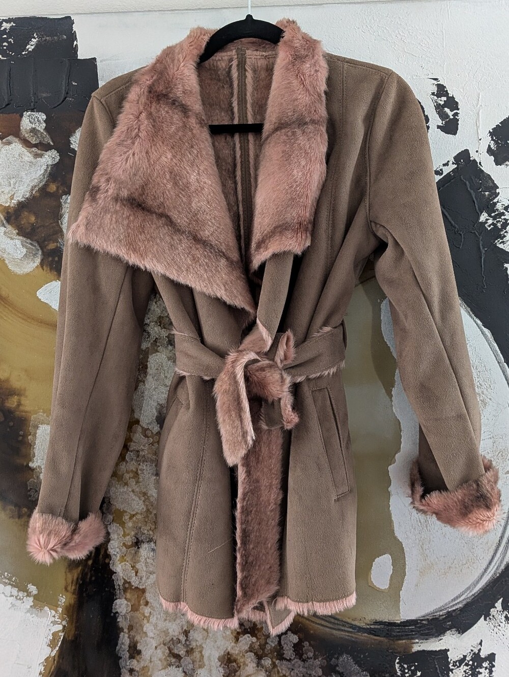 Adolfo Dominguez Taupe Coat with Pink Faux-Fur Trim